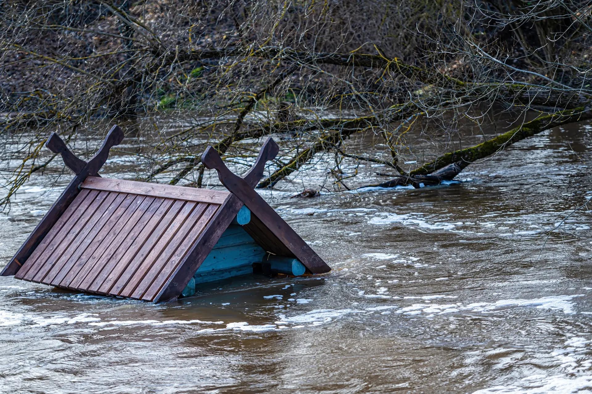 to the roof flooded in spring floods bird house - feeder in the river near the pedestrian bridge