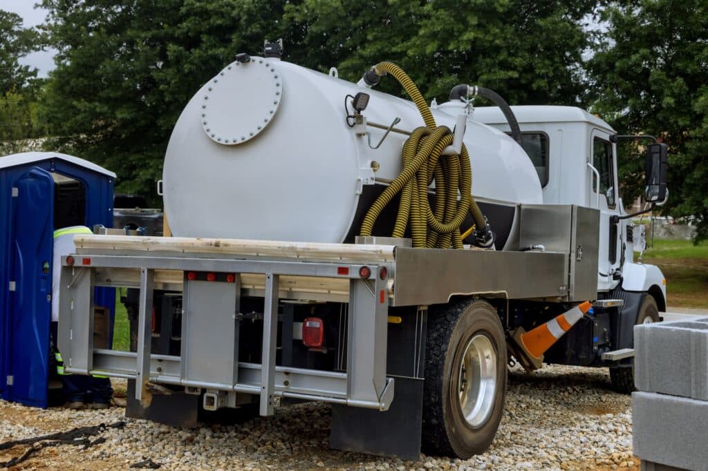 Using septic truck to clean portable restroom on a construction site